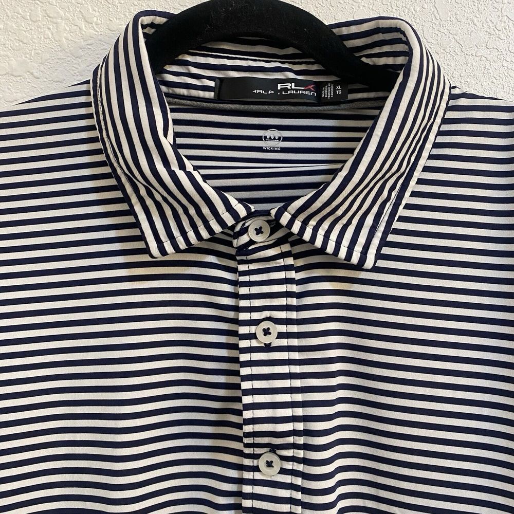 RLX Ralph Lauren Men's‎ Short Sleeve Navy Blue White Stripe Golf Polo XLT